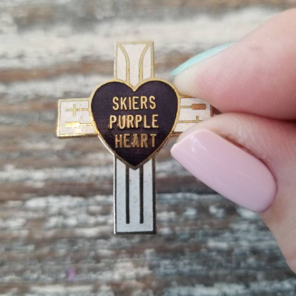 Vintage Skiers Purple Heart Pin Novelty